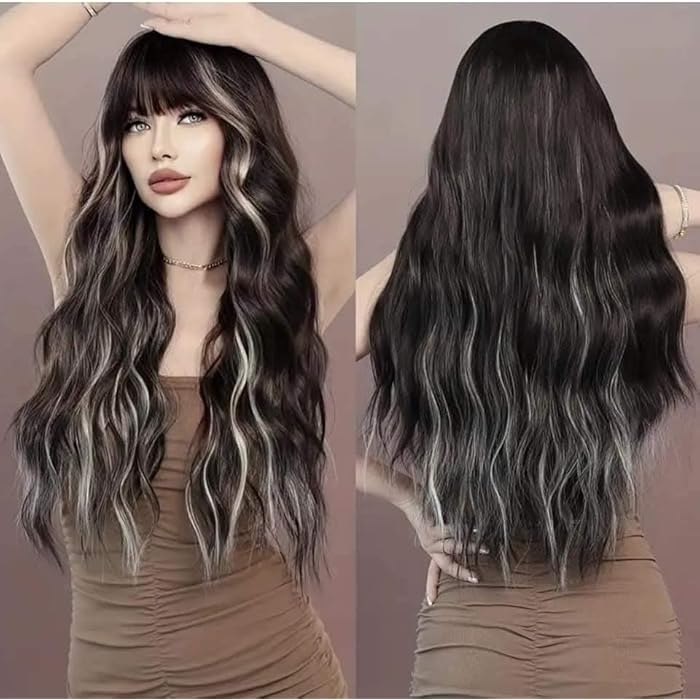 Long Wavy Wig, Black with Silver Highlights, Heat Resistant Synthetic Hair, 32 Inch Length, Natural Wave Style with Bangs